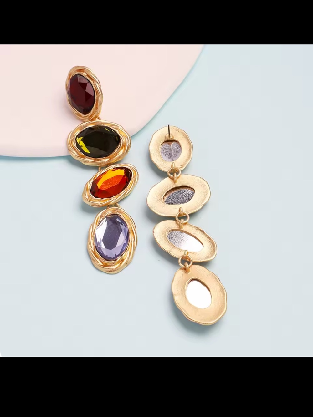 Goldtone Drop Earrings with Red, Yellow, Orange & Purple Stones - Picture 9 of 9